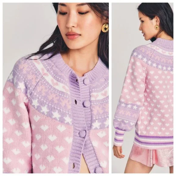 LoveShackFancy Amalo Pink & Purple Heart Boyfriend Cardigan Sweater - Picture 2 of 10